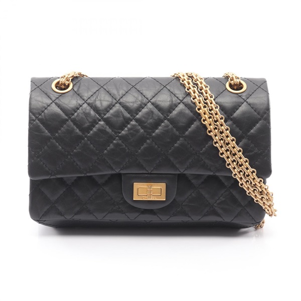 CHANEL 2.55 Matelasse Chain W Flap Shoulder Bag A37586 Calfskin Black Used GHW