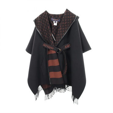 LOUIS VUITTON Hooded wrap cape coat Monogram lining #34 poncho wool silk Black