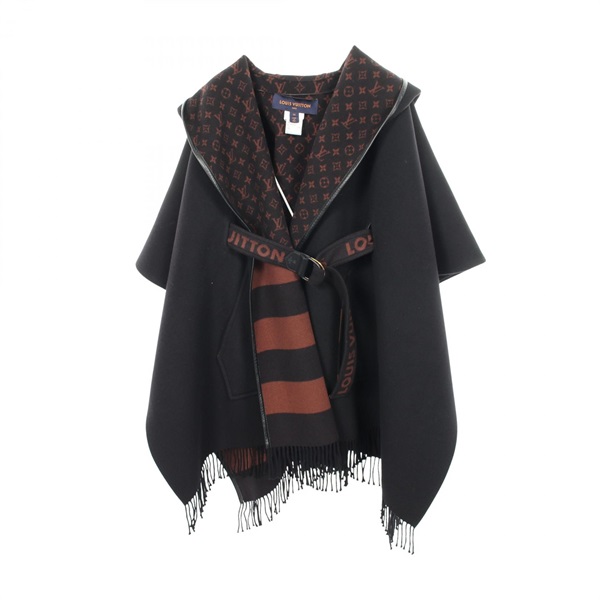LOUIS VUITTON Hooded wrap cape coat Monogram lining #34 poncho wool silk Black