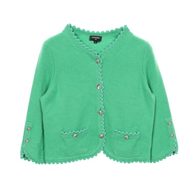 CHANEL COCO Mark button Cardigan Knitwear cashmere Green Blue Used Women size 34