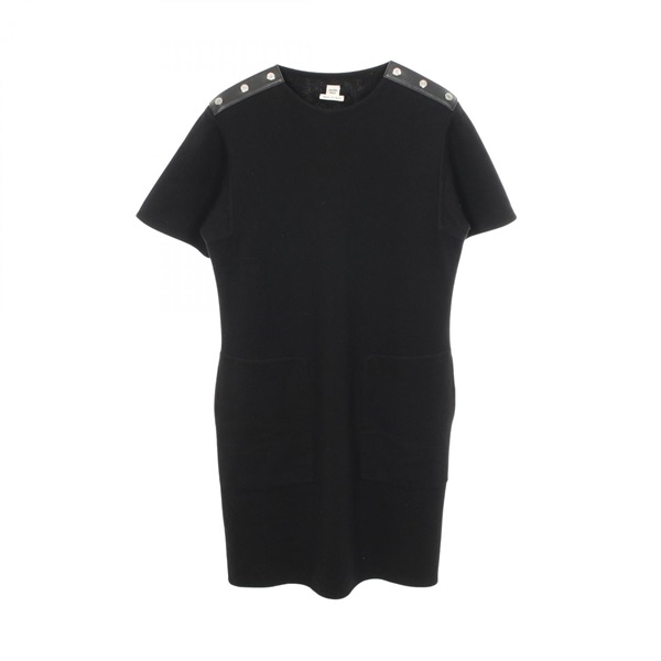 HERMES Serie Button Short Sleeve Dress #36 wool Black Used Women