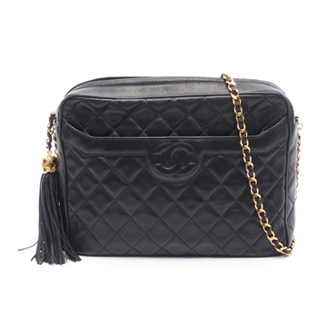 CHANEL Matelasse tassel Chain Shoulder Bag Lambskin sheep leather Black Used GHW