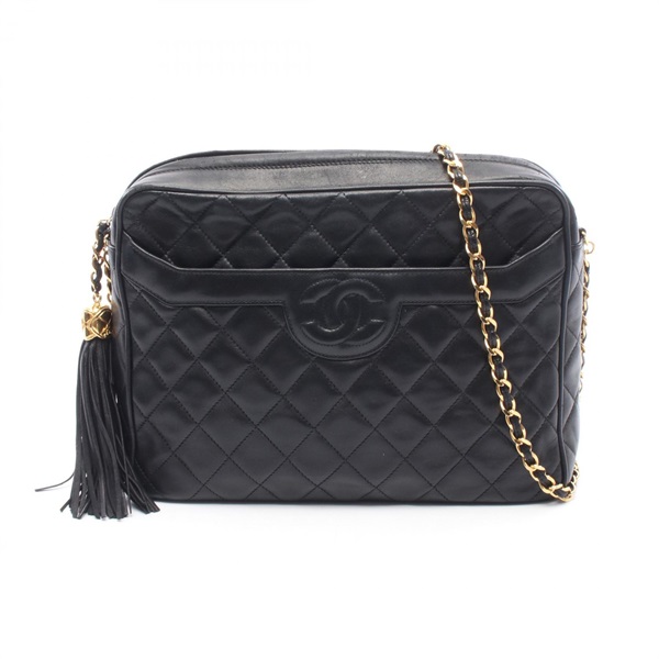 CHANEL Matelasse tassel Chain Shoulder Bag Lambskin sheep leather Black Used GHW