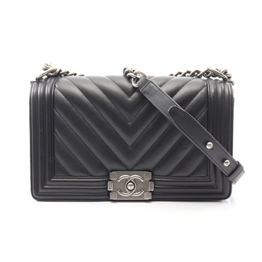 CHANEL Boy Chanel Small Chevron V Stitch Shoulder Bag Lamb leather) Black Used
