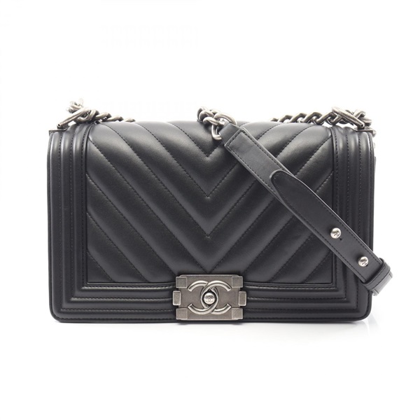 CHANEL Boy Chanel Small Chevron V Stitch Shoulder Bag Lamb leather) Black Used