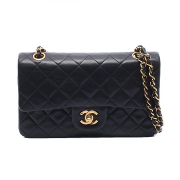 CHANEL Matelasse W flap Chain Shoulder Bag Lamb sheep leather Black Used GHW CC