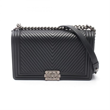 CHANEL Boy Chanel Large Chevron Shoulder Bag A92193 Lamb Leather Black Used SHW