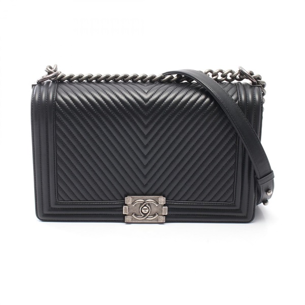 CHANEL Boy Chanel Large Chevron Shoulder Bag A92193 Lamb Leather Black Used SHW