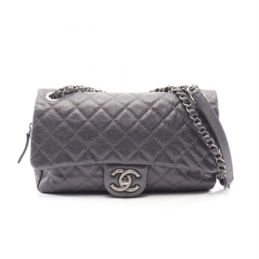 CHANEL Matelasse Chain Shoulder Bag Grained Calfskin leather Gray Used Women SHW