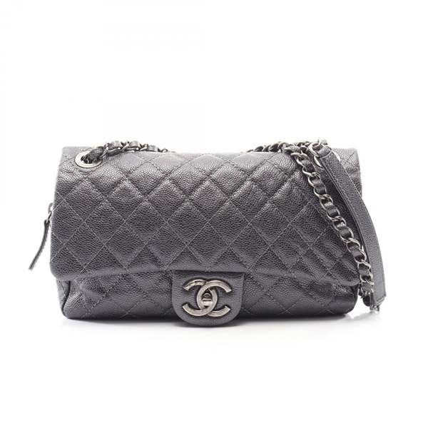 CHANEL Matelasse Chain Shoulder Bag Grained Calfskin leather Gray Used Women SHW
