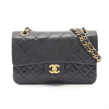 CHANEL Matelasse W flap Chain Shoulder Bag A01113 Lamb sheep leather Black Used