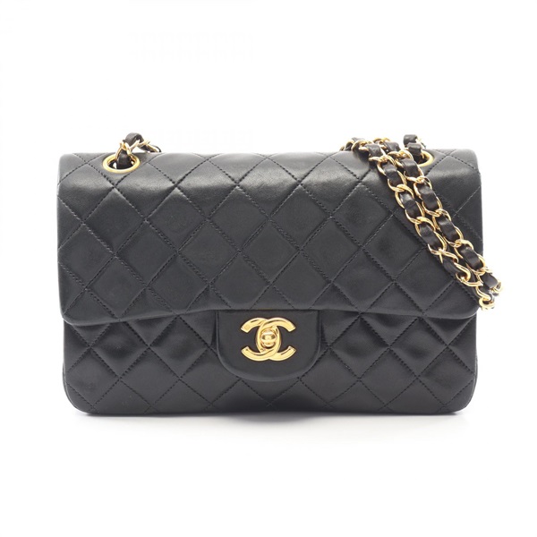 CHANEL Matelasse W flap Chain Shoulder Bag A01113 Lamb sheep leather Black Used
