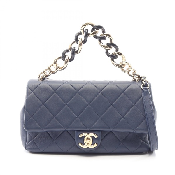 CHANEL Matelasse Shoulder Hand Bag Lambskin sheep leather Navy Used Women CC