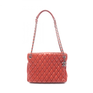 CHANEL Matelasse Chain Shoulder Bag Lambskin sheep leather Red SHW Used Women CC