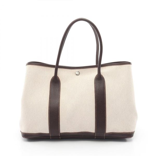 HERMES Garden Party PM Tote Handbag Toile H canvas leather Ecru Ebene SHW Used K