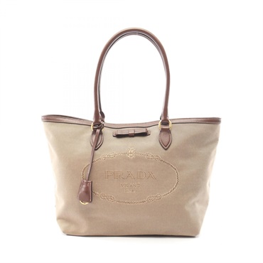 PRADA LOGO JACQUARD Tote Bag 1BG158 canvas leather Beige Brown Used Women