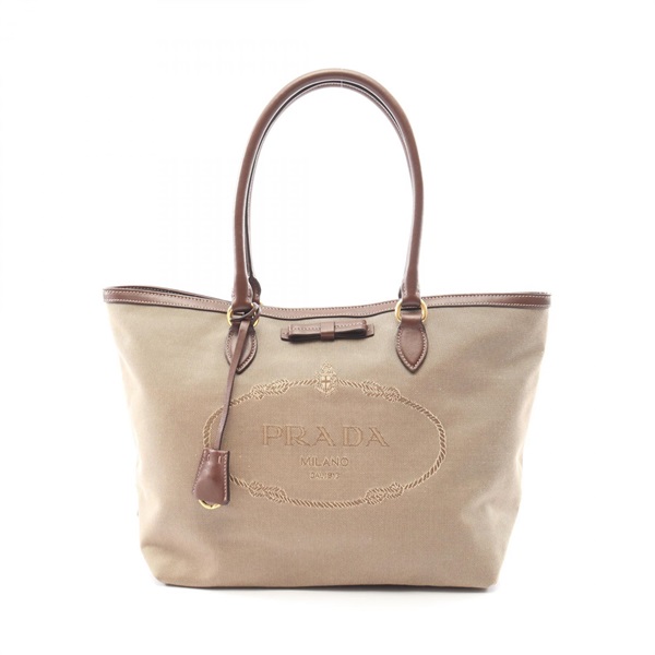 PRADA LOGO JACQUARD Tote Bag 1BG158 canvas leather Beige Brown Used Women