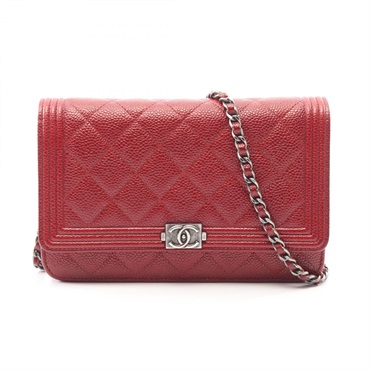 CHANEL Boy Chanel Matelasse Chain Shoulder Bag Leather Red Used women WOC SHW CC