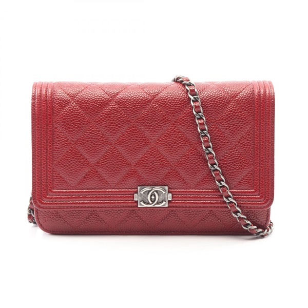 CHANEL Boy Chanel Matelasse Chain Shoulder Bag Leather Red Used women WOC SHW CC