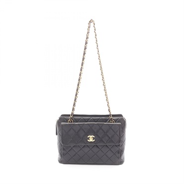 CHANEL Matelasse Chain Shoulder Tote Bag Lamb sheep leather Black Used Women GHW