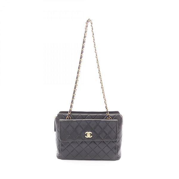 CHANEL Matelasse Chain Shoulder Tote Bag Lamb sheep leather Black Used Women GHW