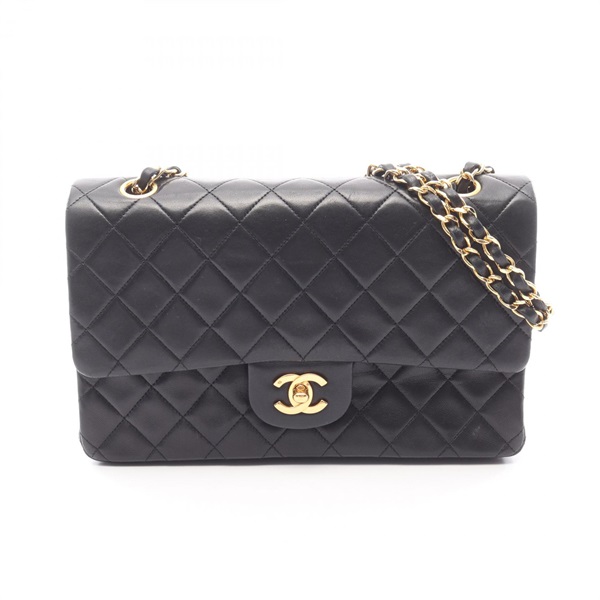 CHANEL Matelasse W flap Shoulder Bag A01112 Lamb sheep leather Black Used GHW