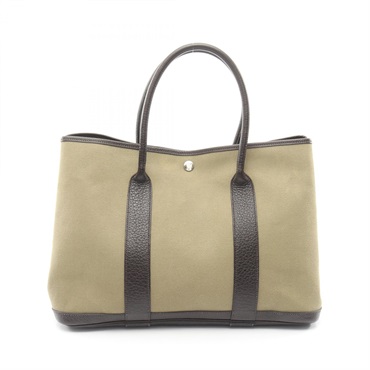 HERMES Garden party PM Tote Handbag Toile officier canvas leather Khaki Used T