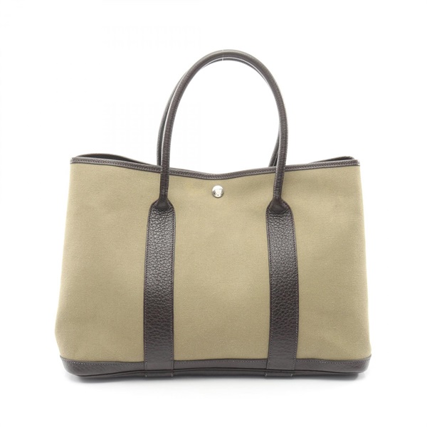 HERMES Garden party PM Tote Handbag Toile officier canvas leather Khaki Used T