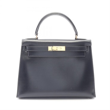 HERMES Kelly 28 Outside Stitched shoulder Handbag T calf leather Blue indigo GHW