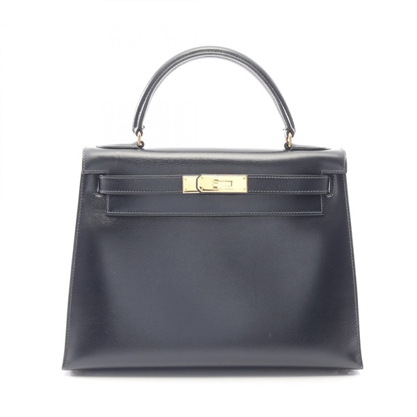 HERMES Kelly 28 Outside Stitched shoulder Handbag T calf leather Blue indigo GHW