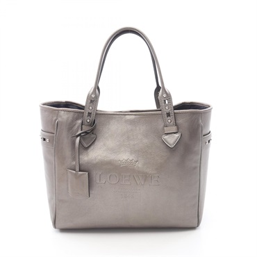 LOEWE HERITAGE Metallic Shoulder Hand Tote Bag leather Gray Used Women