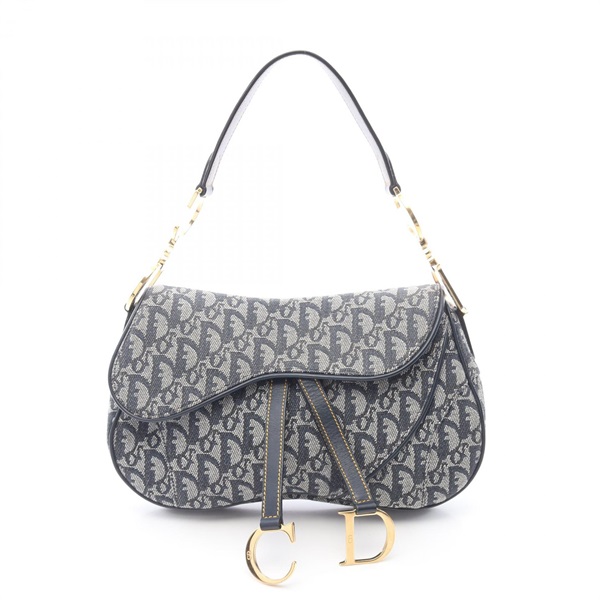 Dior Double Saddle trotter Shoulder Handbag canvas leather Beige Navy Used Women