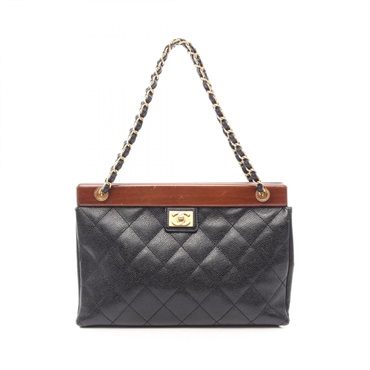 CHANEL Matelasse Chain Tote Shoulder Bag Calf leather Wood Black Brown GHW Used