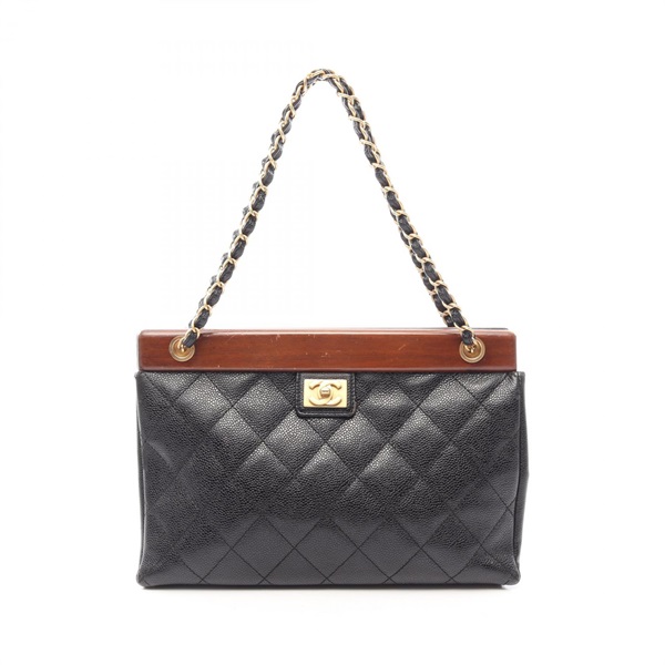 CHANEL Matelasse Chain Tote Shoulder Bag Calf leather Wood Black Brown GHW Used