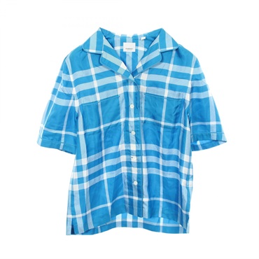 BURBERRY Check short sleeve Shirt Top #UK4 silk Blue White Used Women