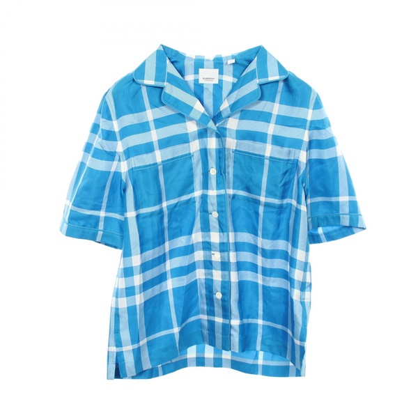 BURBERRY Check short sleeve Shirt Top #UK4 silk Blue White Used Women