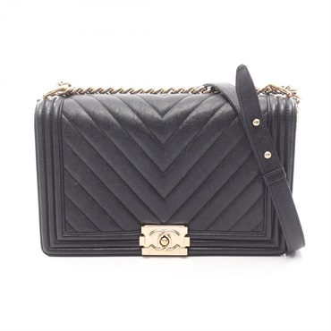 CHANEL Boy Chanel Large Chevron Chain Shoulder Handbag leather Black SHW Used CC