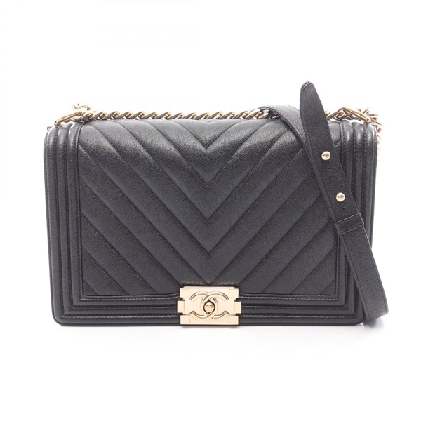 CHANEL Boy Chanel Large Chevron Chain Shoulder Handbag leather Black SHW Used CC