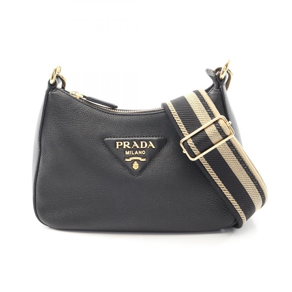 PRADA Vitello Daino Soft Shoulder Crossbody Bag 1BH193 leather Black Used Women
