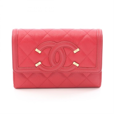 CHANEL CC Filigree Matelasse Bi-fold Wallet Purse Calf leather Red GHW Used Coco
