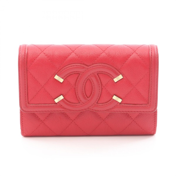 CHANEL CC Filigree Matelasse Bi-fold Wallet Purse Calf leather Red GHW Used Coco