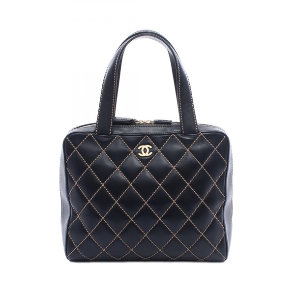 CHANEL Wild Stitch Hand Tote Bag Lambskin sheep leather Black Used Women GHW CC