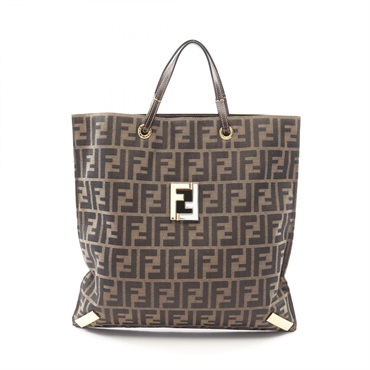 FENDI Zucca Square Tote Handbag Nylon leather Brown Used Women FF