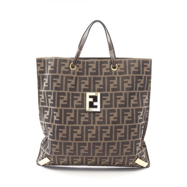 FENDI Zucca Square Tote Handbag Nylon leather Brown Used Women FF
