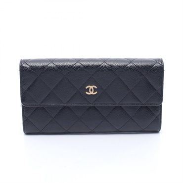 CHANEL Matelasse Bifold long Purse Wallet Grained Calf leather Black GHW Used CC