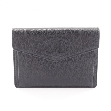 CHANEL COCO Mark Compact Wallet Coin Change Purse Case leather Black GHW Used CC