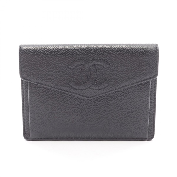 CHANEL COCO Mark Compact Wallet Coin Change Purse Case leather Black GHW Used CC