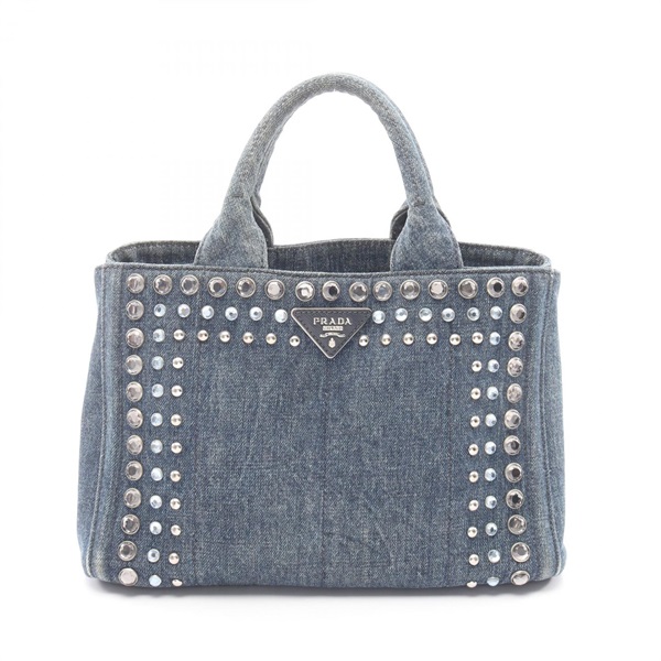 PRADA CANAPA Bijou Studs Triangle logo Tote Handbag denim Navy Used Women