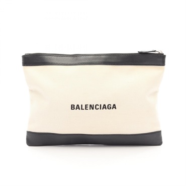 BALENCIAGA Navy Clip M Clutch Bag Pouch 373834 canvas leather Beige Black Used