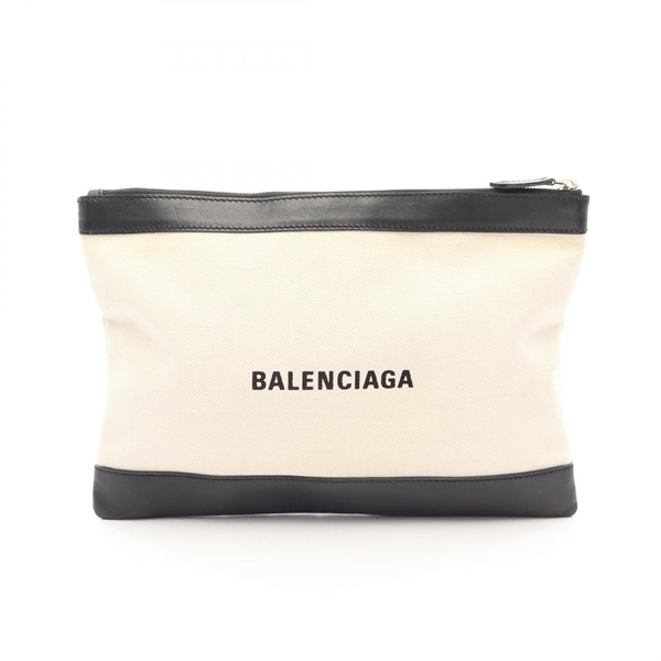 BALENCIAGA Navy Clip M Clutch Bag Pouch 373834 canvas leather Beige Black Used